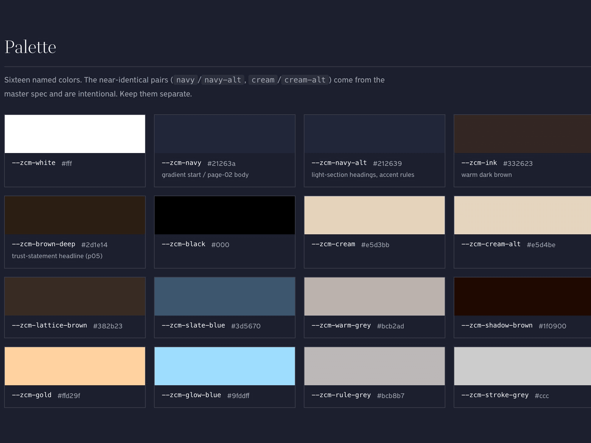 The style guide's palette: sixteen named color swatches, each with its token name and hex value.