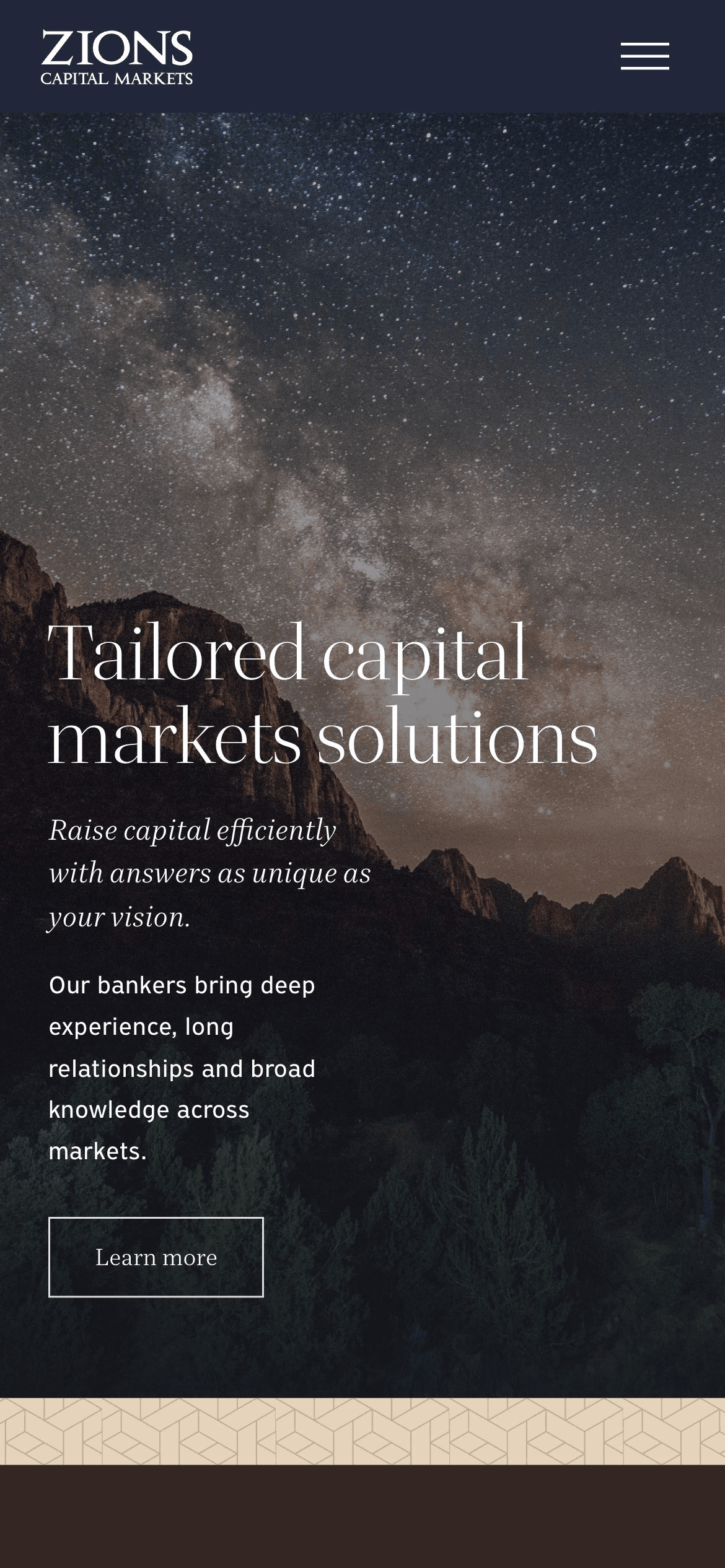 The homepage on a phone: the same hero, reflowed into a single column.