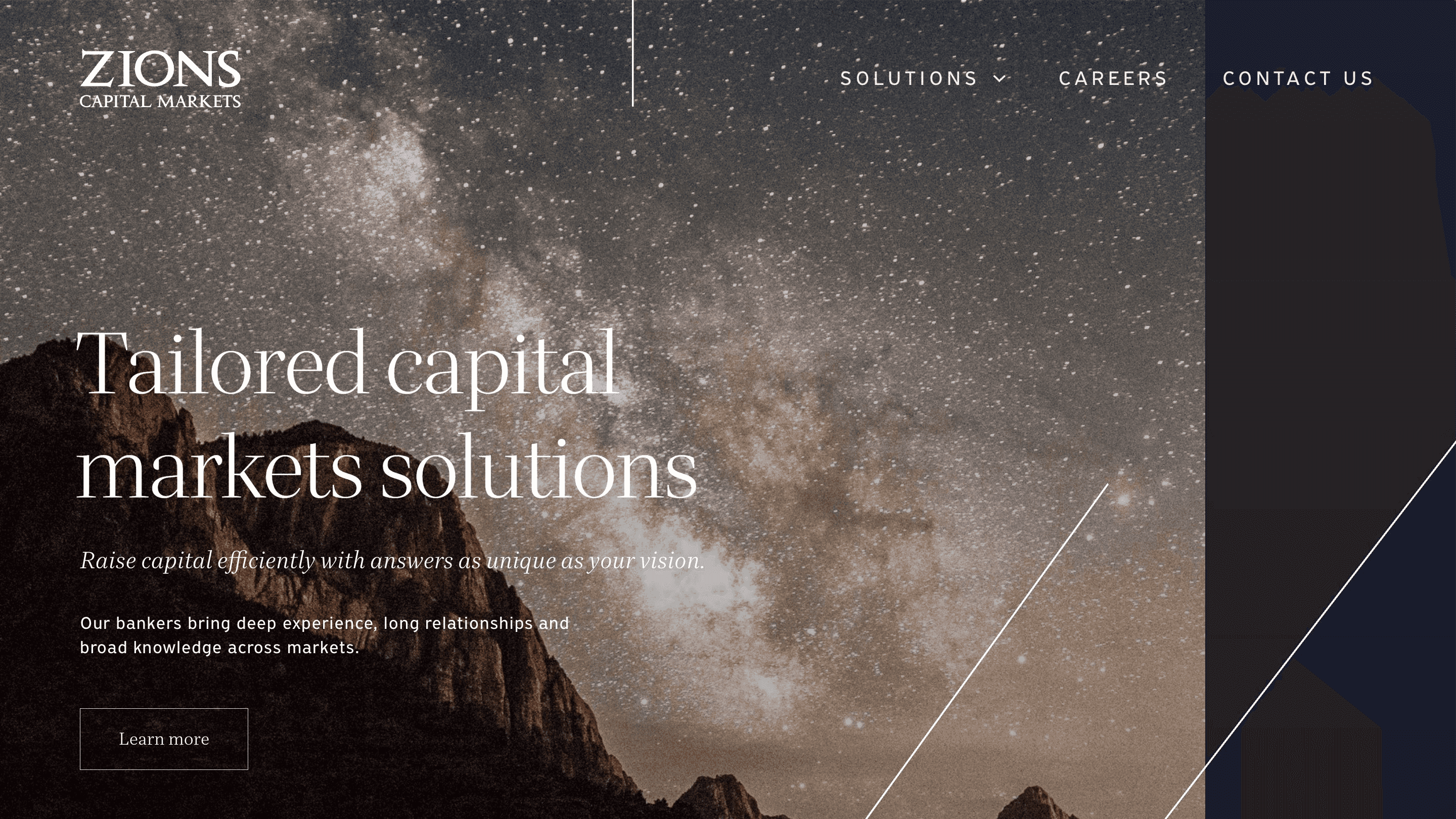 The Zions Capital Markets homepage: a night sky over red rock, the headline “Tailored capital markets solutions,” and the Z-line motif crossing the hero.
