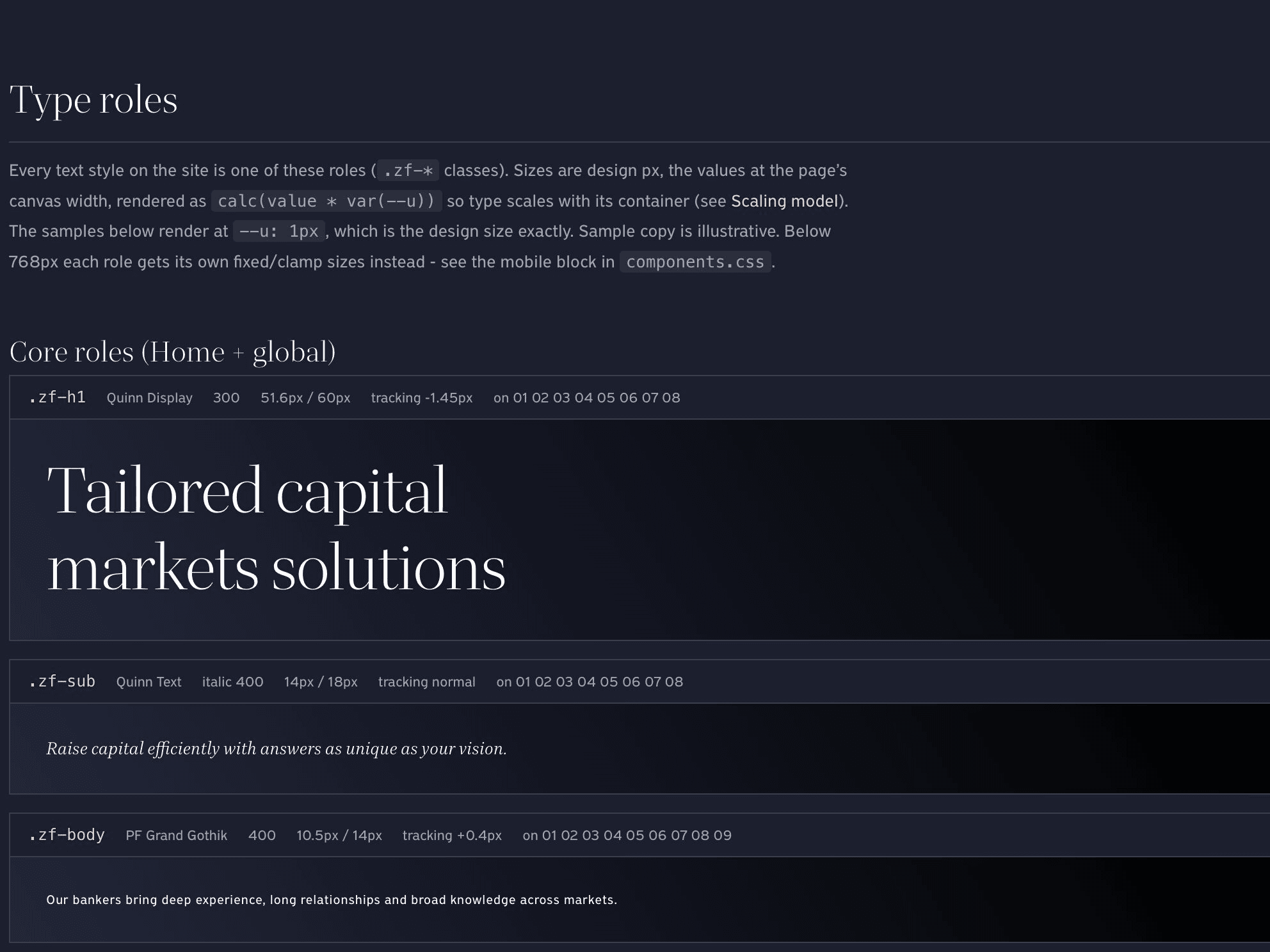 The style guide's type roles: each role's class, font, size, and tracking above a live specimen.